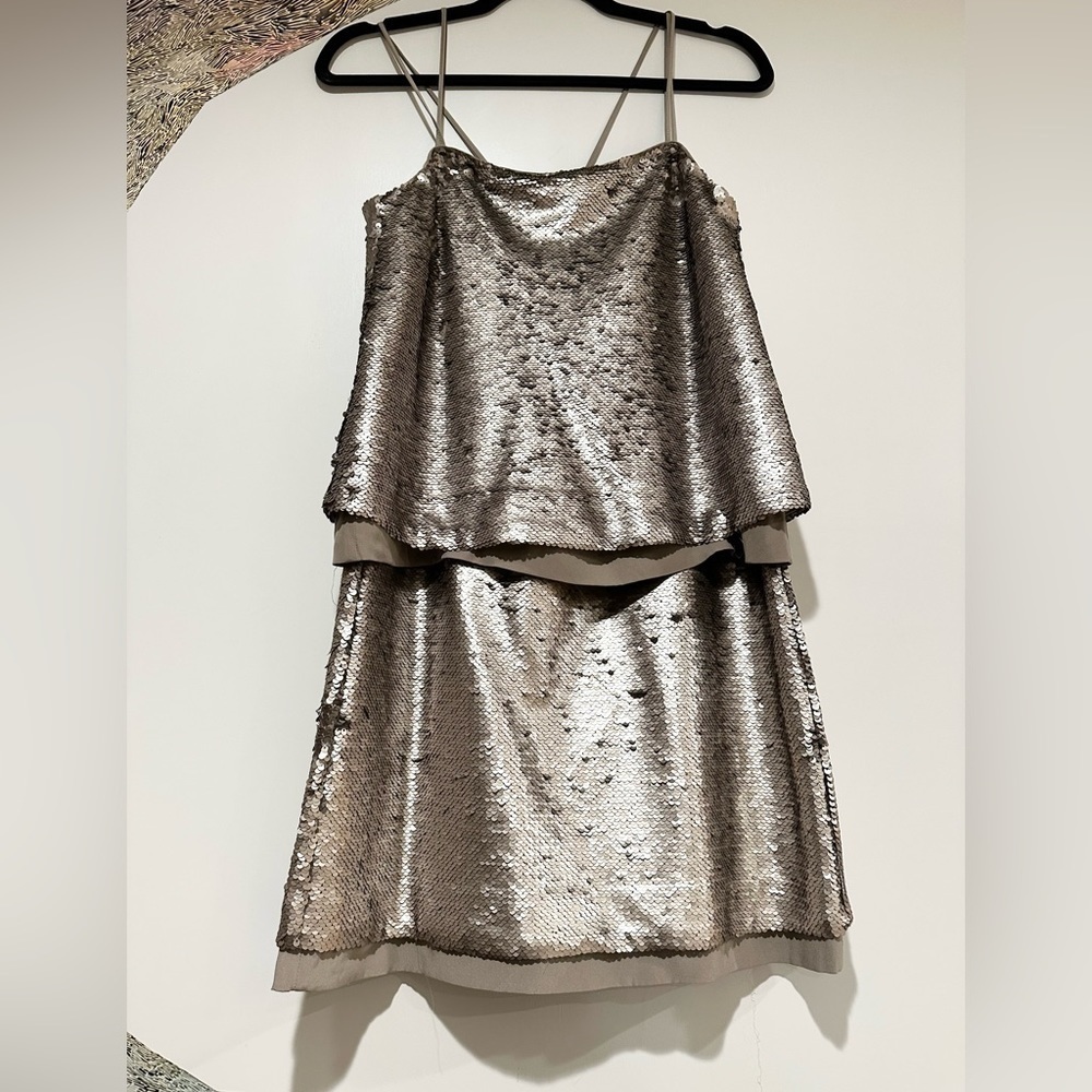 NWT Banana Republic two tier sequin metallic silver grey mini dress 0